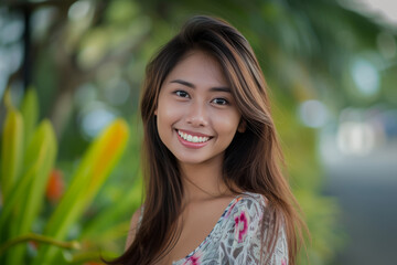 Fototapeta premium A woman with long hair is smiling for the camera