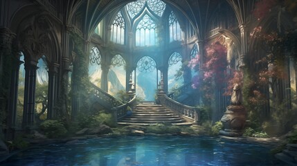 A mysterious cathedral in overgrown ruins, Generative AI