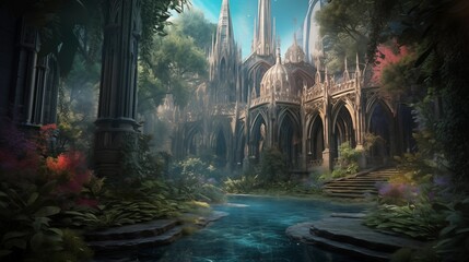 A mysterious cathedral in overgrown ruins, Generative AI