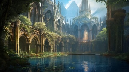 A mysterious cathedral in overgrown ruins, Generative AI