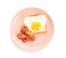 Plate with tasty bacon, heart made of fried egg and toast on white background