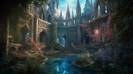 A mysterious cathedral in overgrown ruins, Generative AI