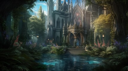 A mysterious cathedral in overgrown ruins, Generative AI