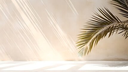 Palm leaves cast shadows on a light white beige wall

