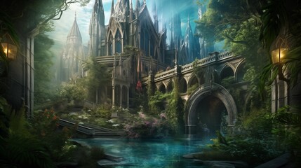 A mysterious cathedral in overgrown ruins, Generative AI
