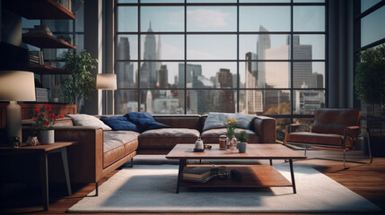 cozy modern living room interior with view of city