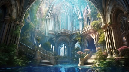 A mysterious cathedral in overgrown ruins, Generative AI
