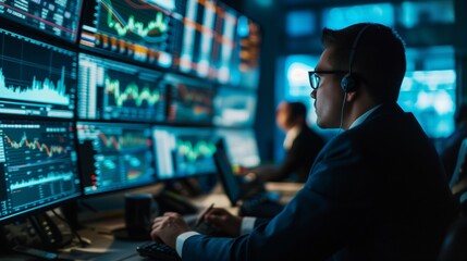 In the heart of the finance district, a focused male trader analyzes data on multiple screens in a bustling office environment