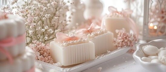 Spring and summer party decor ideas with unique wedding favors, artisan soaps in white and pink colors, and original souvenirs for baptism, baby girl's first communion, and romantic style decoration.