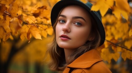 Portrait of Woman Wearing Hat in Autumn Park