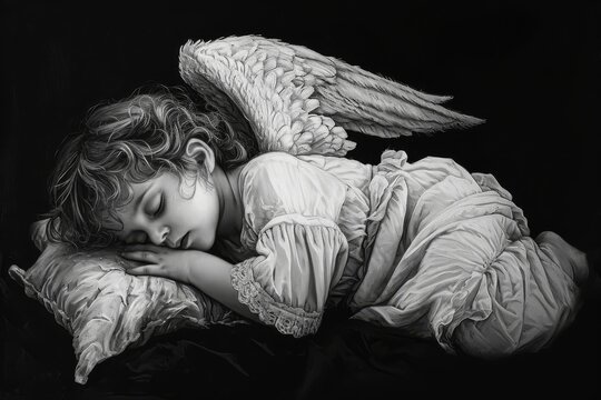Black and white image of a sleeping cherub on a pillow.