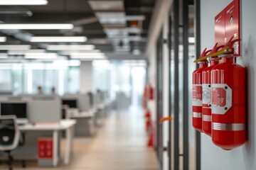 Fire extinguishers in office hallway