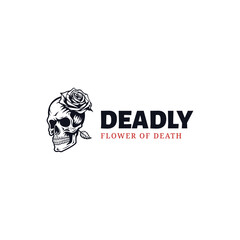 Hand drawn skull overgrown with flower plants,flower of death logo