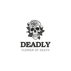 Hand drawn skull overgrown with flower plants,flower of death logo