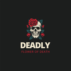 Hand drawn skull overgrown with flower plants,flower of death logo
