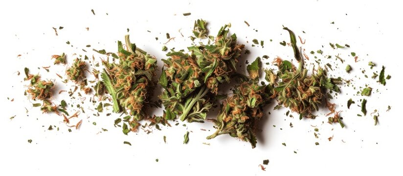 Marijuana remnants on a white backdrop.