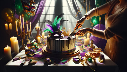 Majestic Mardi Gras Celebration Cake with Festive Decorations