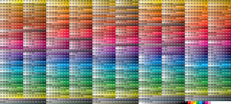 Pantone CMYK Coated Colour Chart 1300mm x 585mm, CMYK, RGB and Name on each swatch, 2868 swatches