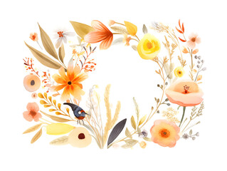 Cute fields wreath illustration watercolor with wildflowers fields on white background isolated