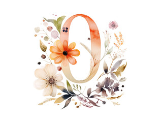 Cute illustration with letter O watercolor with wildflowers fields on white