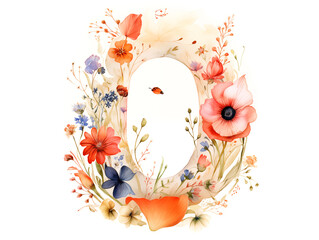 Cute fields illustration with letter O watercolor with wildflowers and poppies  fields on white background
