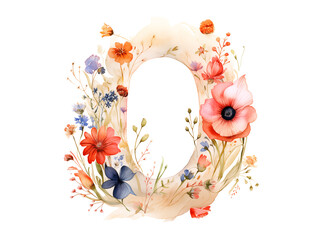 Illustration of letter O watercolor fluded with wildflowers on white background