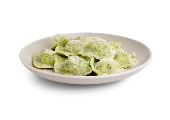 Plate of tasty ravioli with cheese on white background