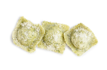 Tasty ravioli with cheese on white background