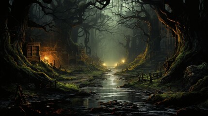 Mystical Moonlit Canopy: Enchanting Digital Illustration Capturing the Ethereal Beauty and...