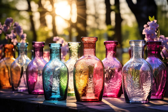 colorful glass vases or bottles stand on the table in the sunlight. glassblowing workshop.