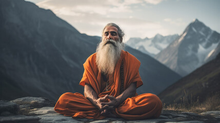 An Indian Guru in Padmasana: Meditating in the Himalayan Mountains - obrazy, fototapety, plakaty