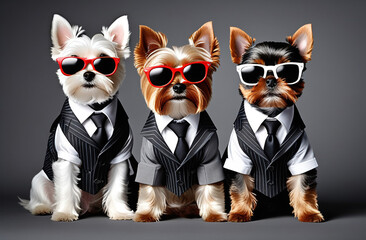Three funny Yorkie dogs in sunglasses and jackets. cool dogs. funny animals.