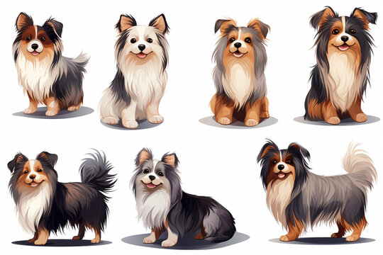 a set of pictures on a white background of a dog with long hair, Yorkshire terrier, beaver York