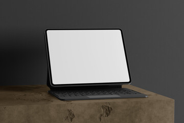 Tablet device mockup with realistic scene. Empty screen on dark background