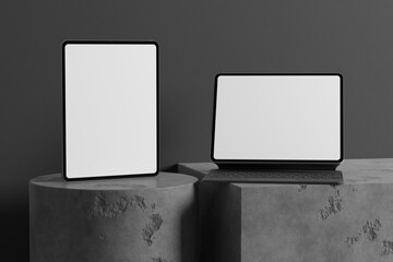 Tablet mockup with white screen and modern background. Realistic scene on minimalist background