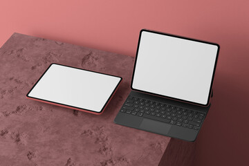 tablet mockup with red background