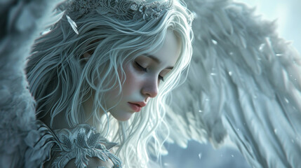Fototapeta premium A beautiful angel with flowing locks of silver hair and intricately patterned wings surveys the desolate landscape of a forgotten kingdom her expression filled with sorrow.