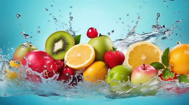 Food photos. Background banner with summer fruits and berries flying in splashes and drops of water. Close-up of ripe oranges, strawberries, raspberries, apples
