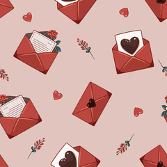 Walentynkowe bezszwowe tło z serduszkami, kopertami, listami miłosnymi, kwiatkami. Słodki i romantyczny design. Ilustracja wektorowa.