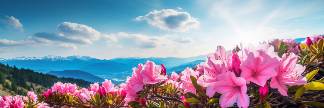 A beautiful view from a height of a mountain landscape with fog and forest with a blooming pink azalea in the foreground, a place for text.	
