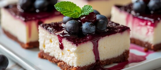 Cheesecake squares with cherry sauce, blueberries, and mint on top, seen up close.