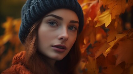 Portrait of Woman with Red Hair in Autumn Park Wearing Beanie