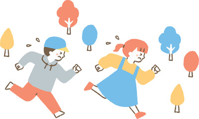 慌てて逃げている男の子と女の子_色