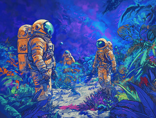 Astronauts Trekking on a Fantastical Alien Planet