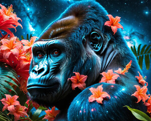 Psychedelic Gorilla - Close-up of a gorilla with cosmic nebula in surreal and dreamlike scene Gen AI - 726024970