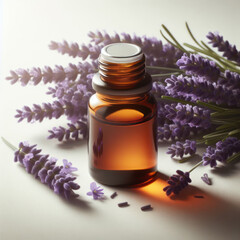 lavender essential oil, Glass bottle of Lavender essential oil with fresh lavender flowers, aromatherapy spa massage concept. Lavendula oleum, Ätherisches Lavendelöl, Эфирное масло лаванды. lavanda.