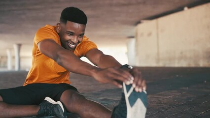 Black man, stretching legs with smile for fitness and workout outdoor, happy runner or athlete start training for health. Muscle, warm up and ready for exercise with cardio, sports and challenge - Powered by Adobe