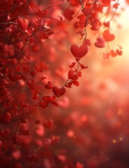 Obraz premium A cute, fun background for Valentine's Day or romantic anniversary with pink and red flowers and hearts, with blurred background bokeh. 