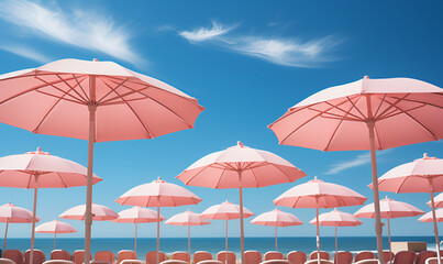 Fototapeta na wymiar beautiful beach view in summer with umbrellas sea sand bleu sky and sun illustration background Paradise view of tropical empty pelage with pink umbrella and beach chair.