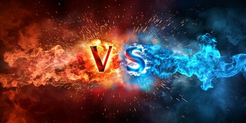 Versus banner with fire sparkling and lightning strikes, isolated on red and blue background,